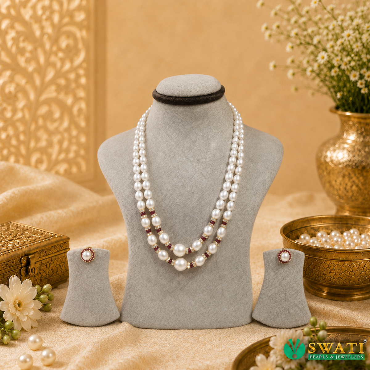 White Pearls Graded Red Combination Mala