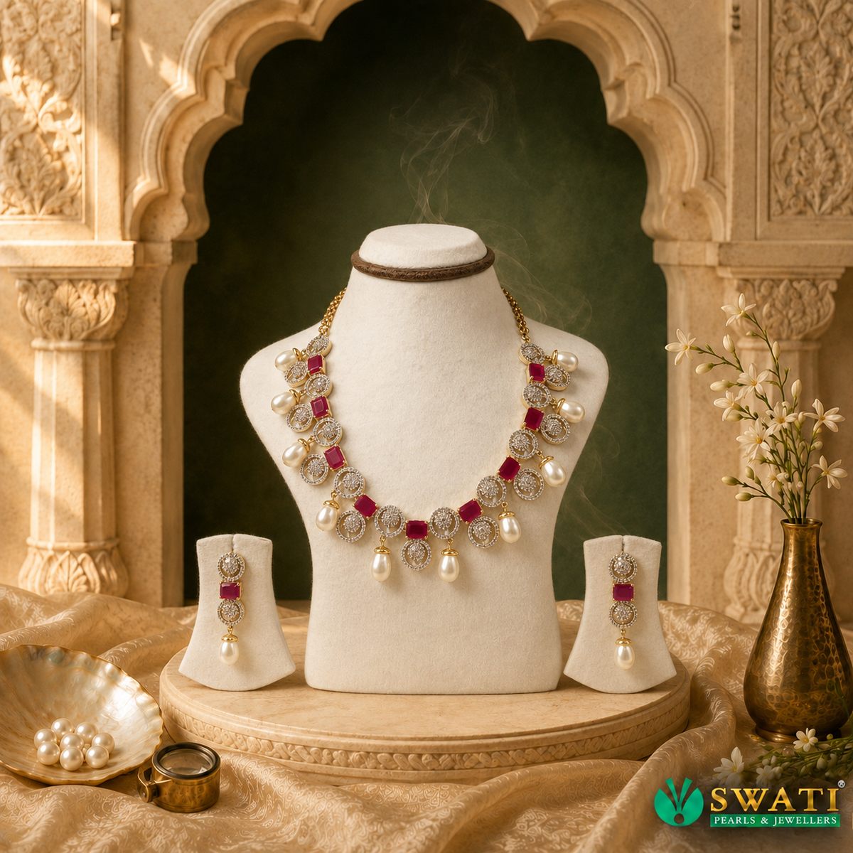 White Pearls With Red And White Stone Set