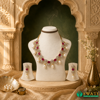 White Pearls With Red And White Stone Set