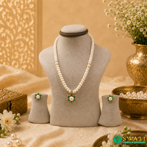 White Pearls Green Stone Set