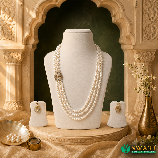 White Pearls With Only White Stone Set