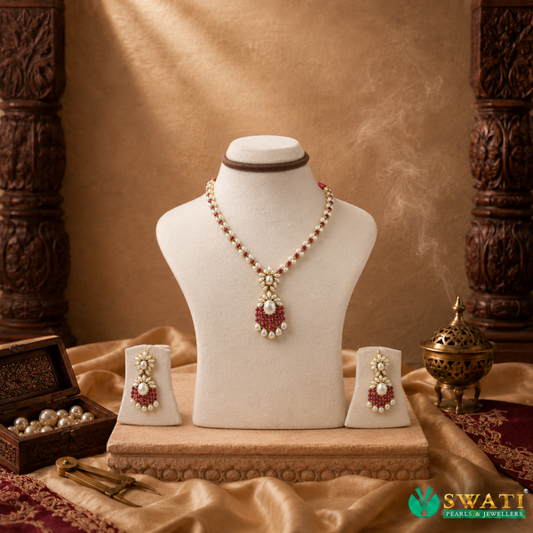 Rubby With Pearls Short Necklace