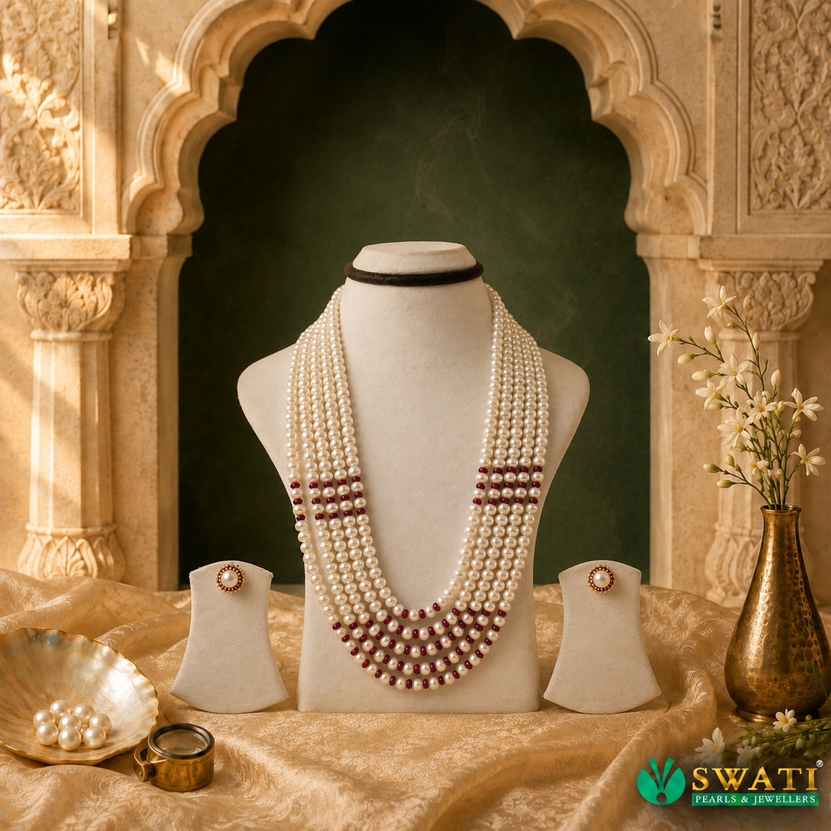 White Pearls Semi Round Red Combination
