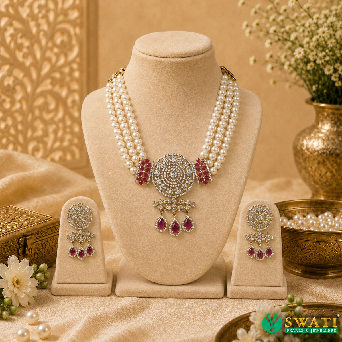 White Pearls With Dark Red And White Stone Chowkar