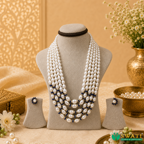 White Oval Shape Graded Blue Stone Combination Mala