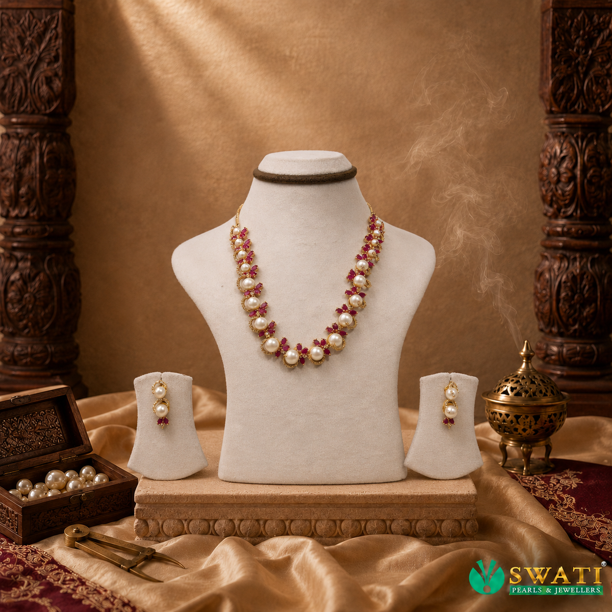 White Pearls With Red And White Stone Necklace