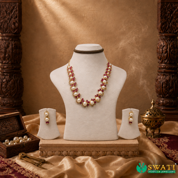 White Pearls With Red And White Stone Necklace