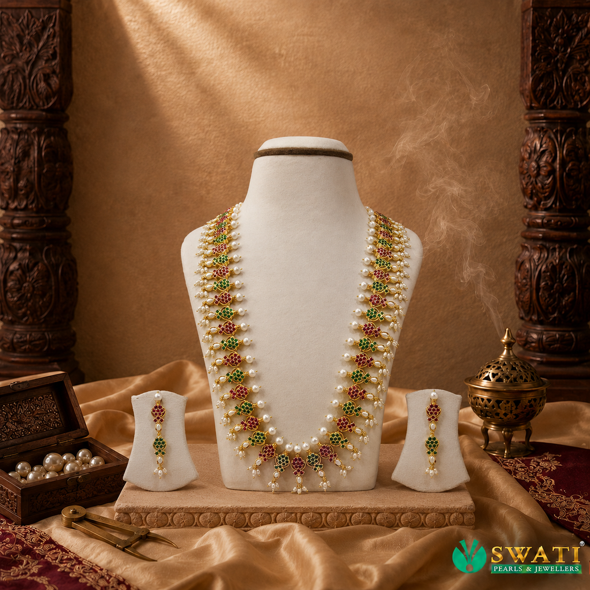 Multi Stone With Pearls Long Necklace Set