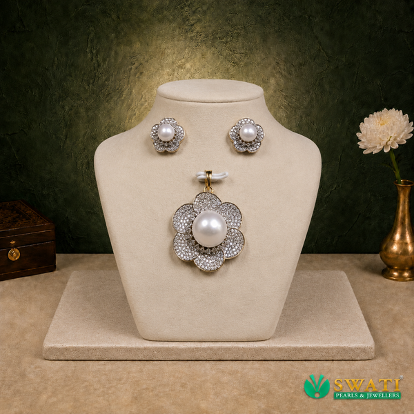 White Pearls With White Stone Pendant Set