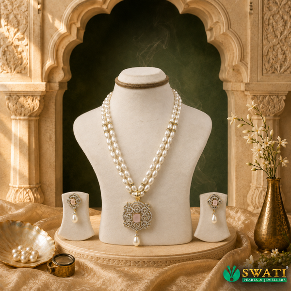 White Pearls With White And Litepink Stone Set