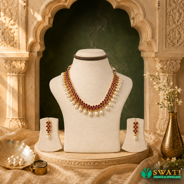 White Pearls Red Drop Necklace