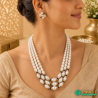 White Pearls Graded Blue Stone Combination Mala