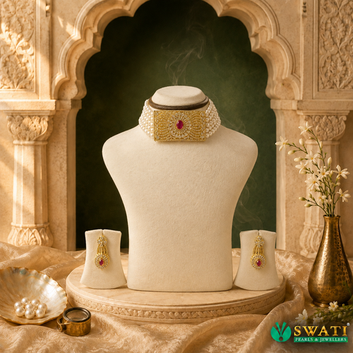 White Pearls Red And White Stone Set