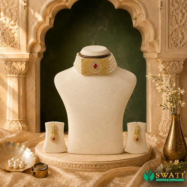 White Pearls Red And White Stone Set