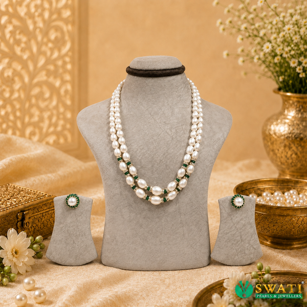 White Pearls Oval Shape Graded Green Combination Mala