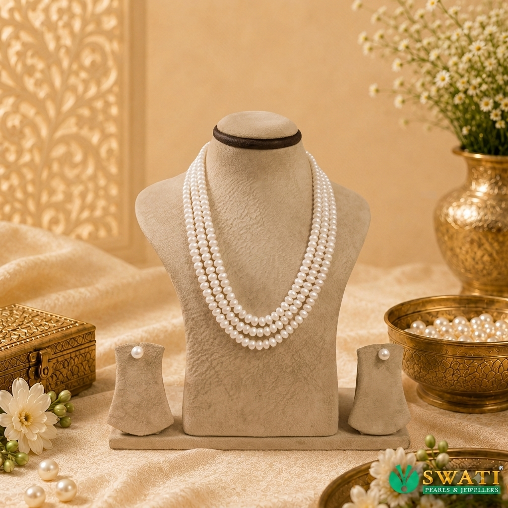 White Pearl Plain Mala 3rows