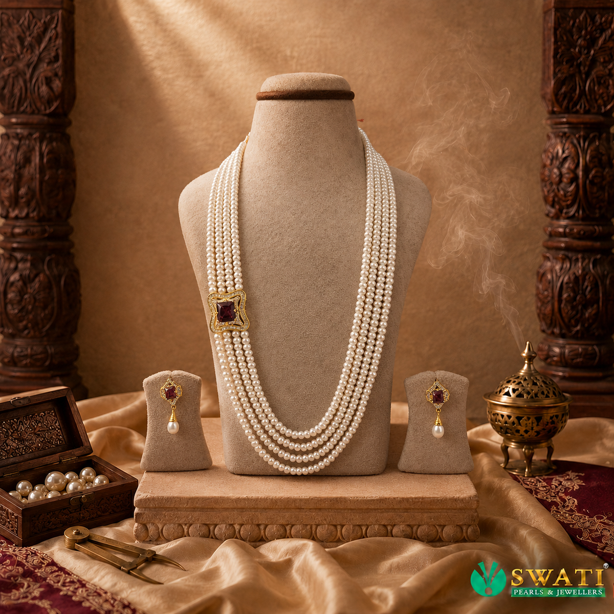 White Pearls Granate Stone Side Brouch Set
