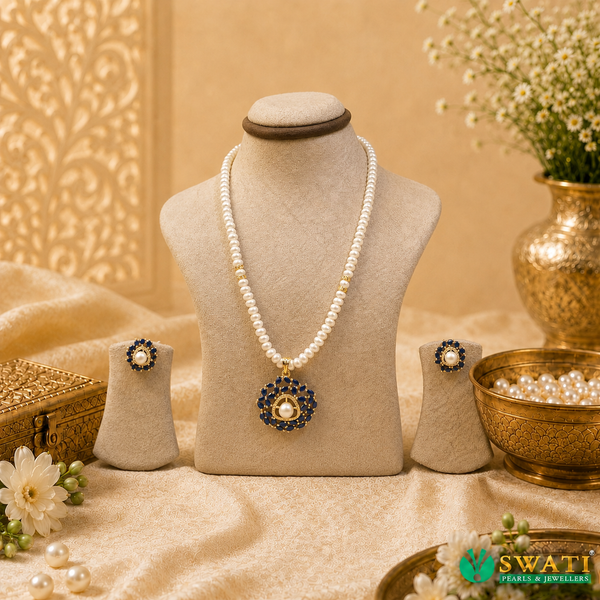White Pearls Blue Stone Set