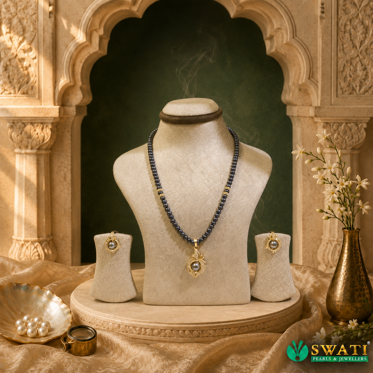Black Pearls With White Stone Set
