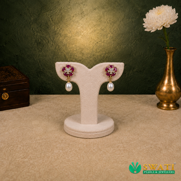 White Pearls With Red Stone Hangings