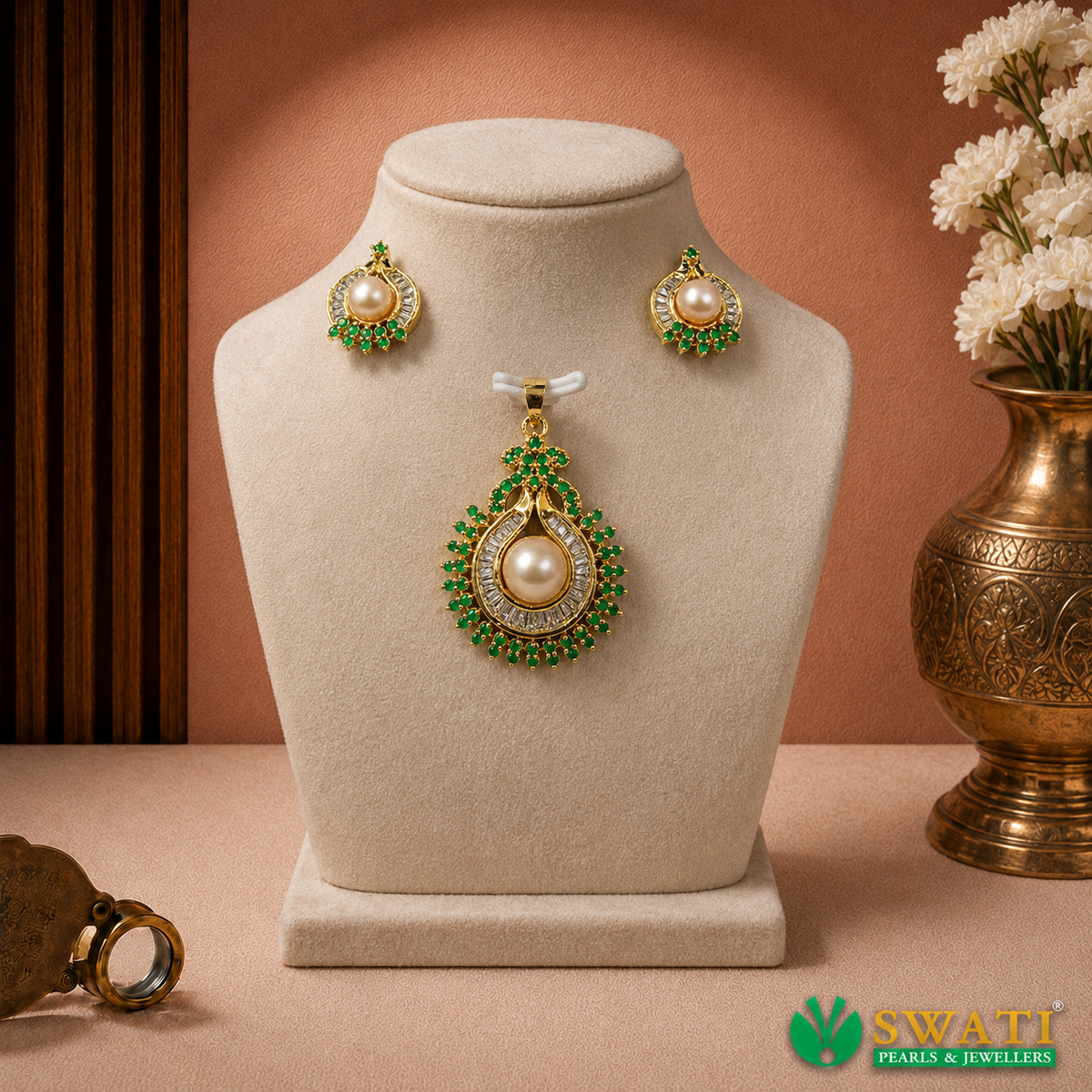 Pink Pearls Green Stone Pendant