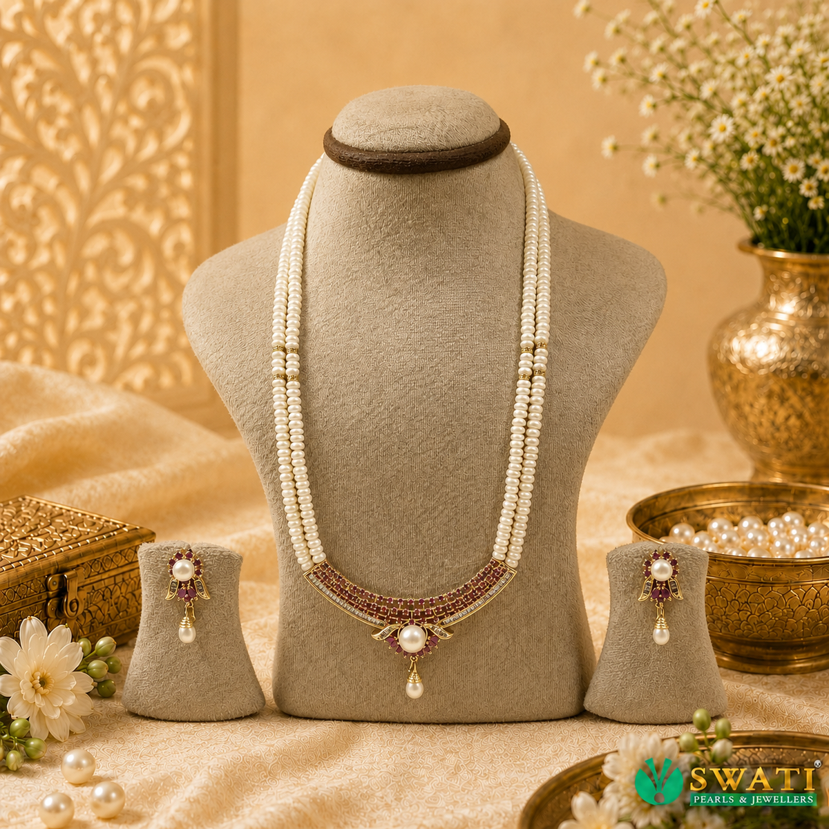 White Pearls Semi Round Red Stone2rows
