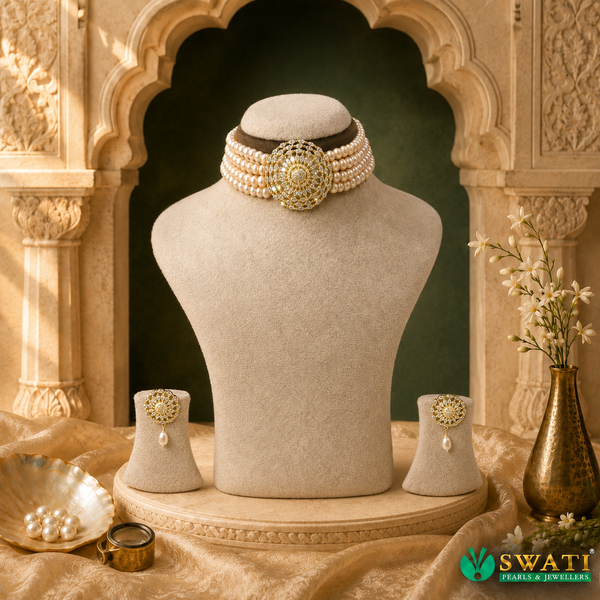 Pink Pearls With White Stone Chowkar