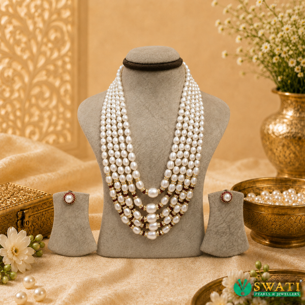 White Pearls Oval Shape Graded Red Combination Mala