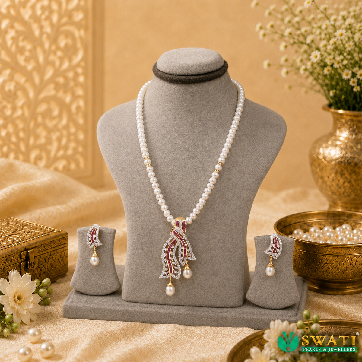 Red And White Stone Pearl Drop Set