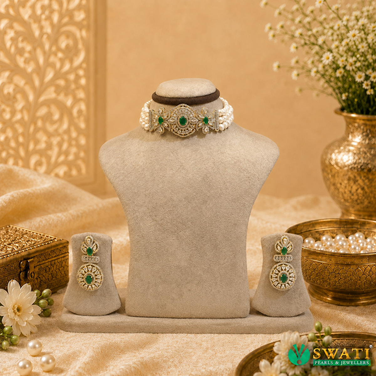White Pearls With Green Stone Chowkar