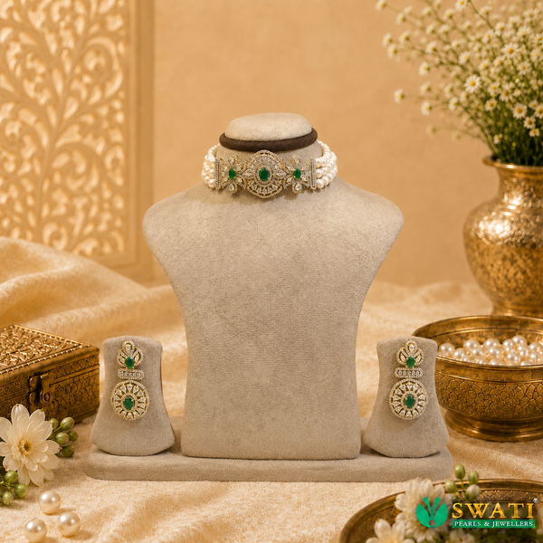 White Pearls With Green Stone Chowkar
