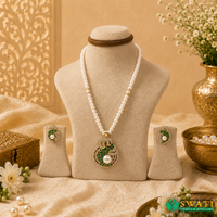 White Pearls With Green Stone Set