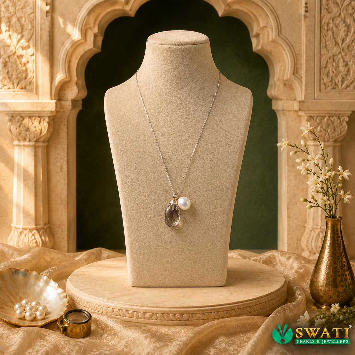 Stone With Pearls Silver Chain