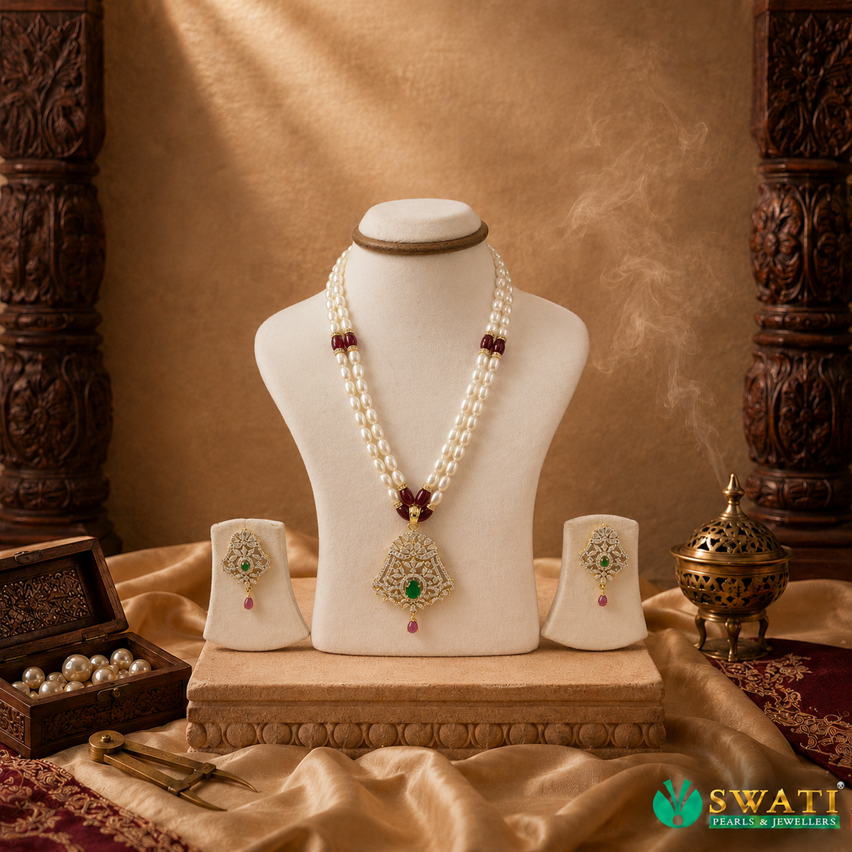 White Pearls Green And Red Stone Set