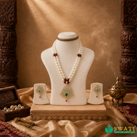 White Pearls Green And Red Stone Set