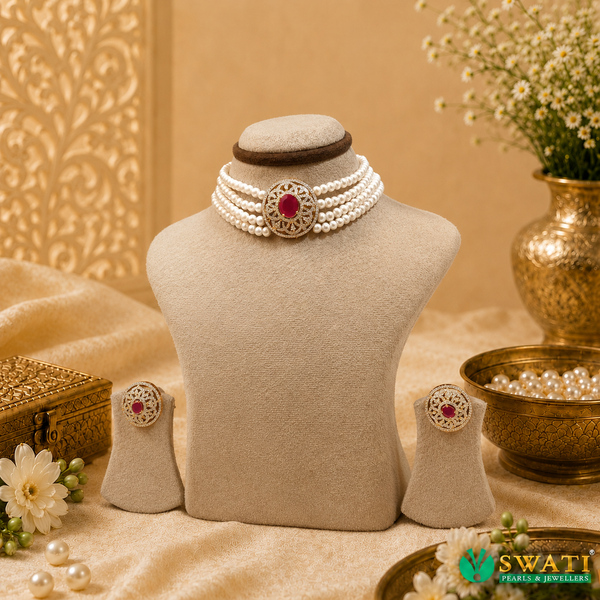 White Pearl With Red Stones Chowkar Set