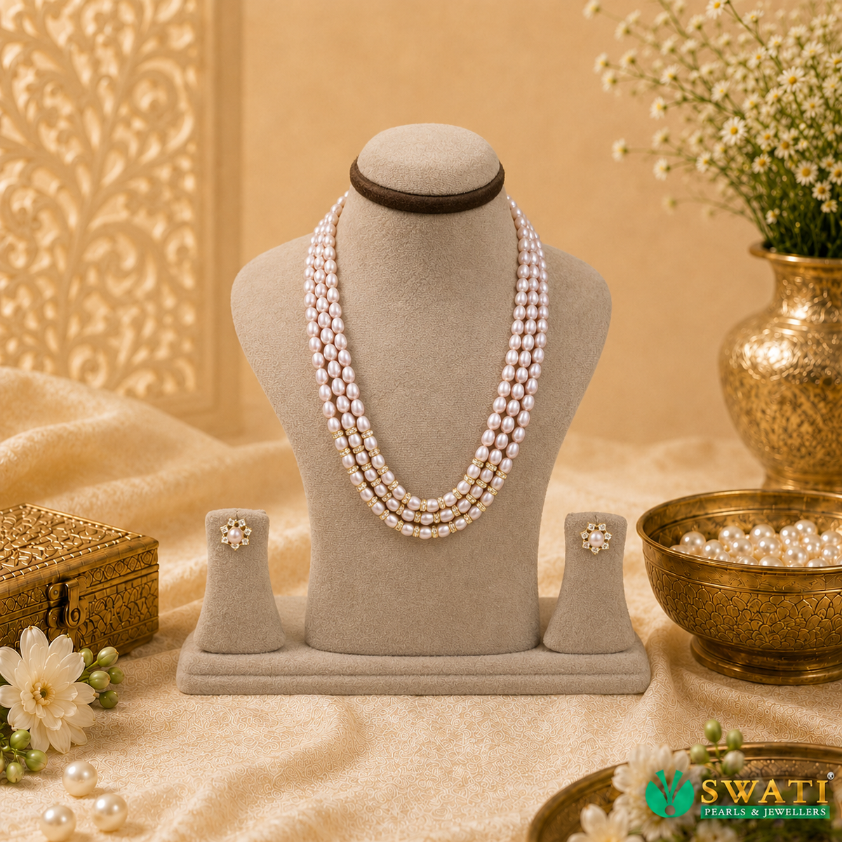 Pink Pearls Oval Shape With Gold Plated Balls 3rows Mala