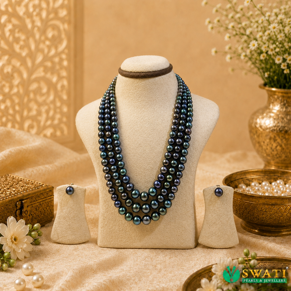 Black Pearl Round Shape Graded Mala 3rows