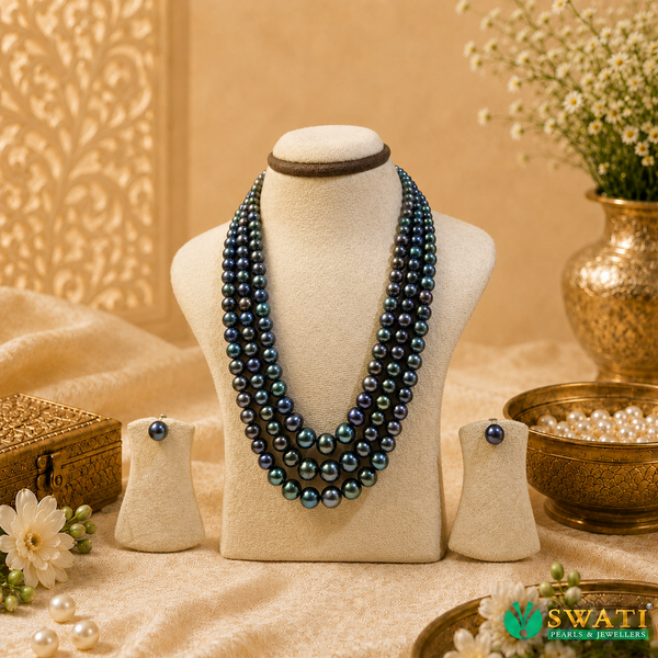 Black Pearl Round Shape Graded Mala 3rows