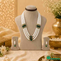 White Pearls Green Combination 3rows Mala