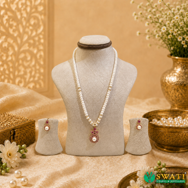 White Pearls With Red Stone Set