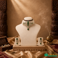 White Pearls Green Stone Set