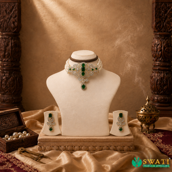 White Pearls Green Stone Set
