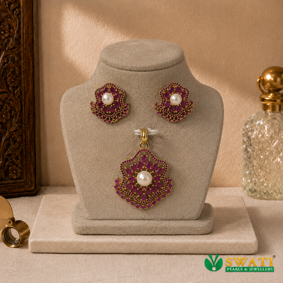 Pearls With Red Stone Pendant